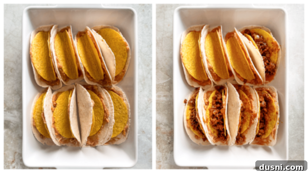 Hard taco shell wrapped in a bean-smeared flour tortilla