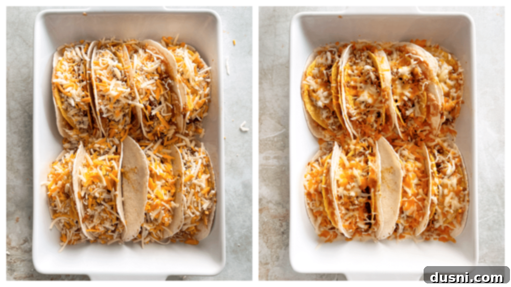 Tacos filled with beef and cheese in a baking dish