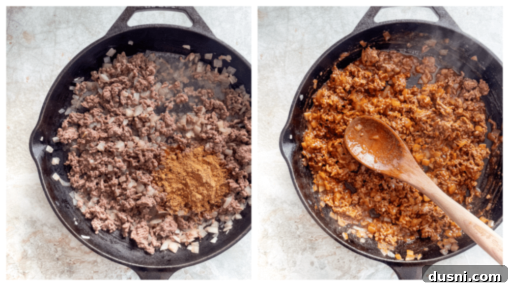 Seasoned ground beef mixture in a skillet