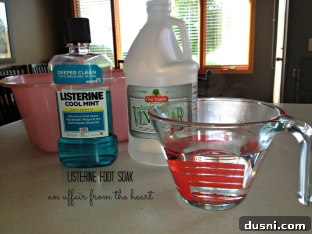 Listerine Foot Soak ingredients and foot soaking basin on a wooden surface