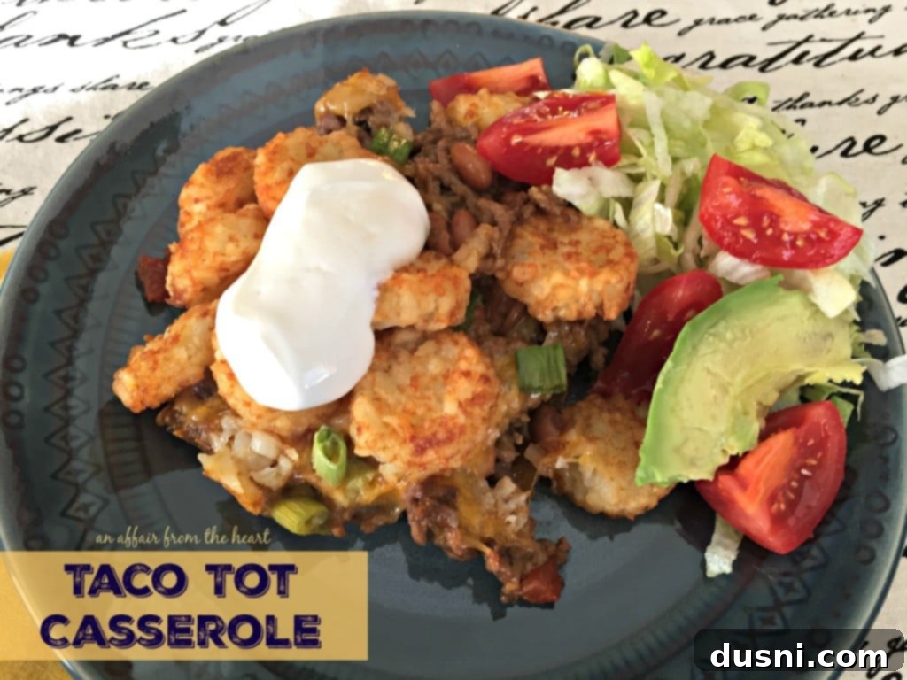 Delicious Taco Tot Casserole with melted cheese and crispy tater tots