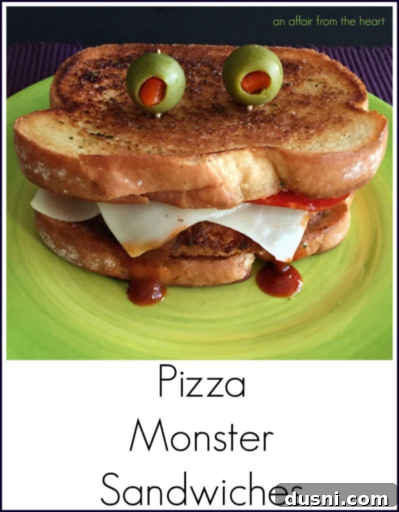 Pizza Monster Sandwiches with a 'LOVE IT? PIN IT!!' overlay, encouraging social sharing