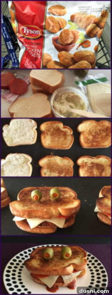 Ingredients and assembled Pizza Monster Sandwiches in various stages of preparation