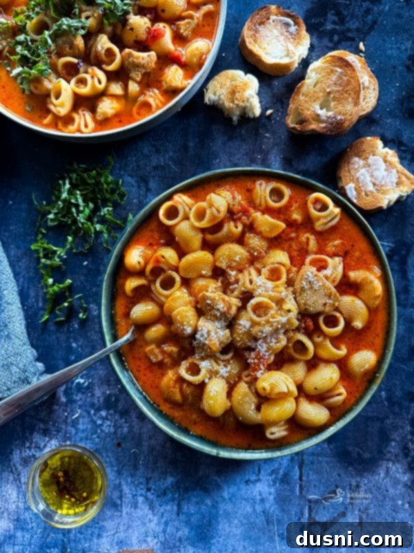 A bowl of creamy chicken parmesan soup garnished with fresh basil