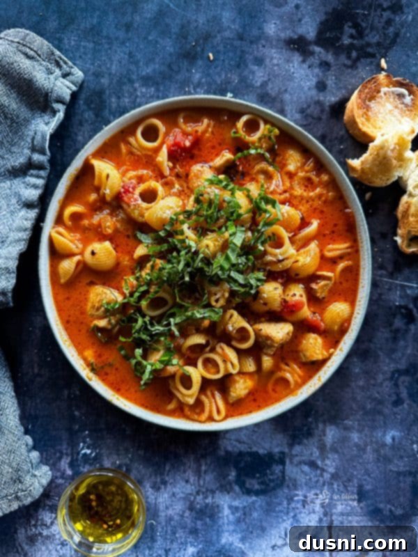 A rustic bowl of chicken parmesan soup on a dark background