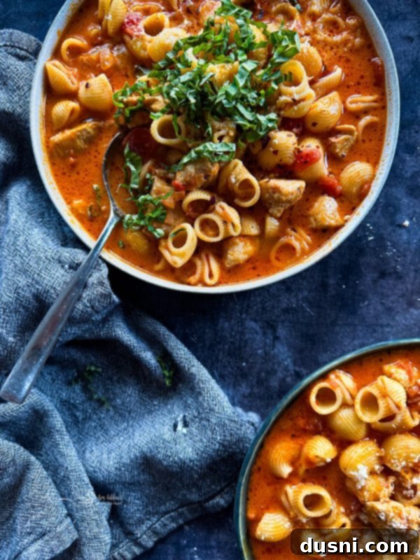 Close-up of creamy chicken parmesan soup with pasta and chicken