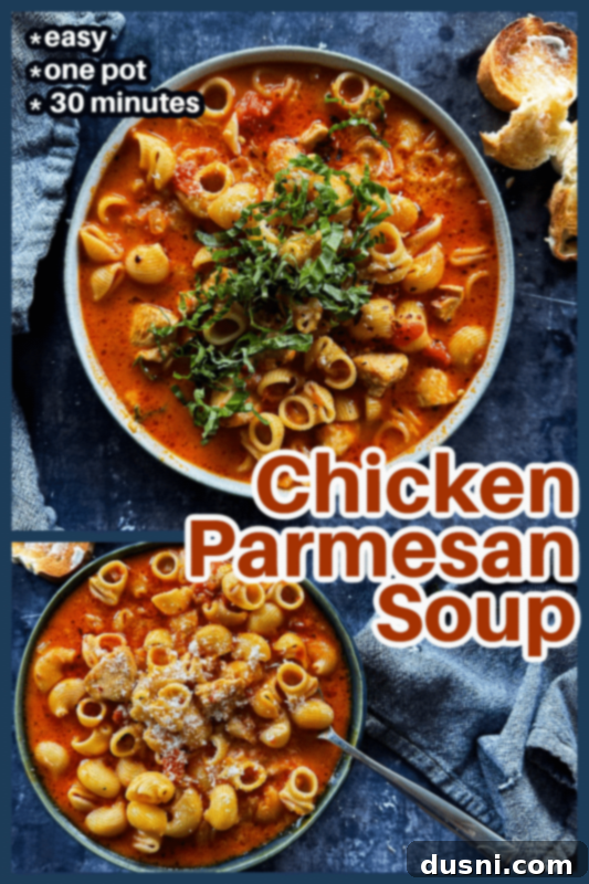 A Pinterest pin image for Chicken Parmesan Soup