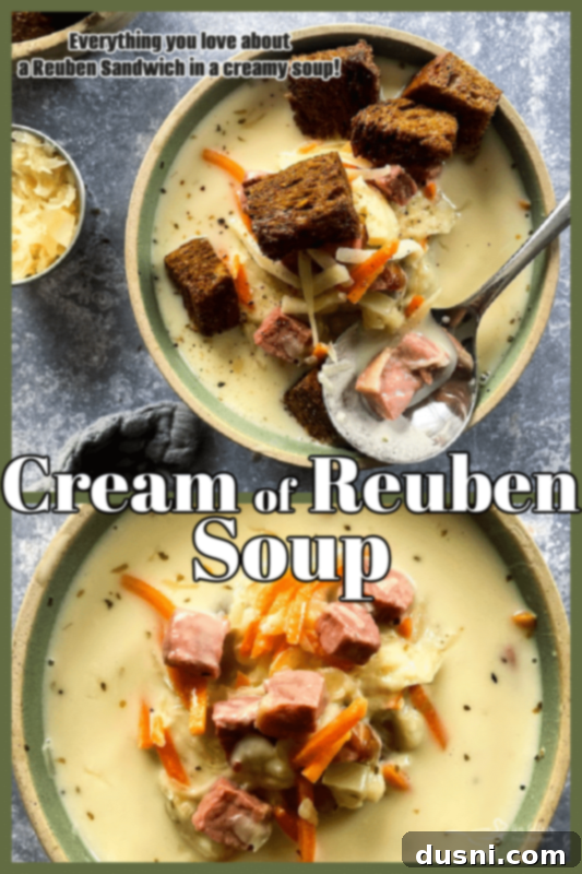 Indulgent Cream of Reuben Soup 10 A beautifully presented bowl of creamy Reuben soup on a wooden surface