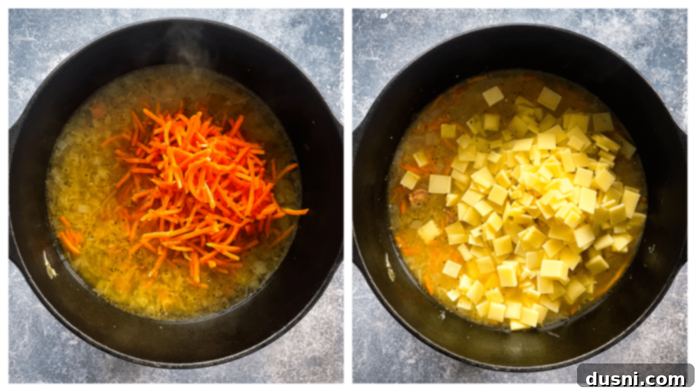 Indulgent Cream of Reuben Soup 8 Pouring cornstarch slurry into creamy Reuben soup in a Dutch oven