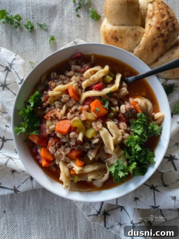 Hamburger Soup With or Without Noodles in a white bowl, a comforting meal option.