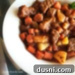 Close up of Mulligan's Stew in a white bowl