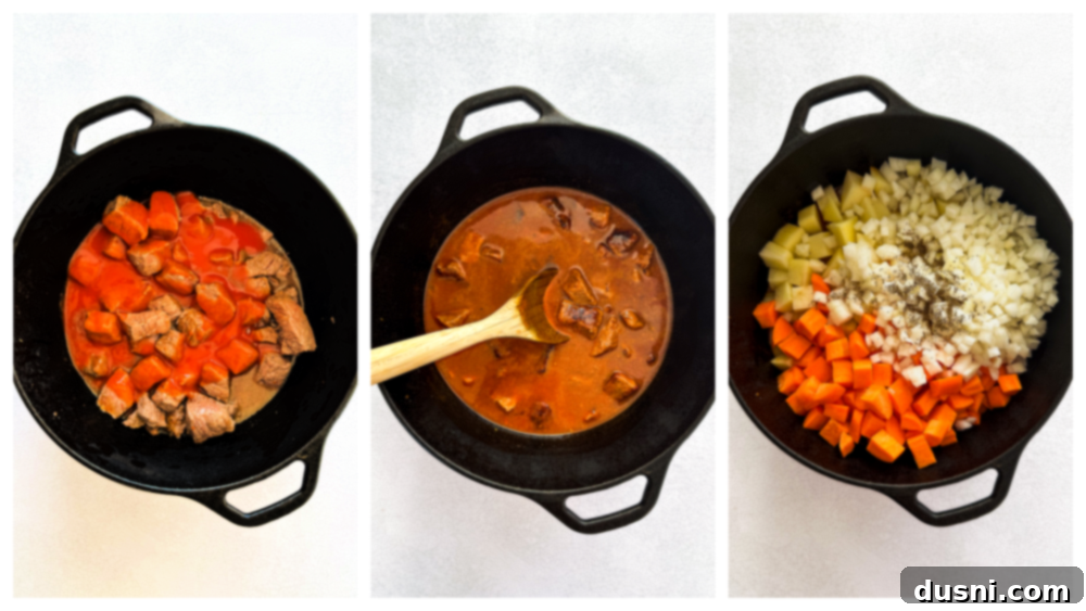 Step-by-step image of browning beef for Mulligan Stew.