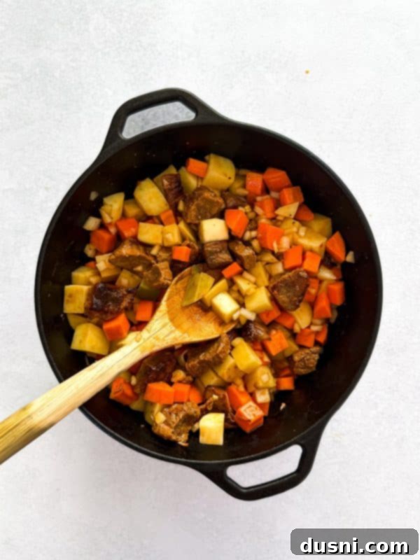 Mulligan Stew simmering with vegetables added, nearly ready.
