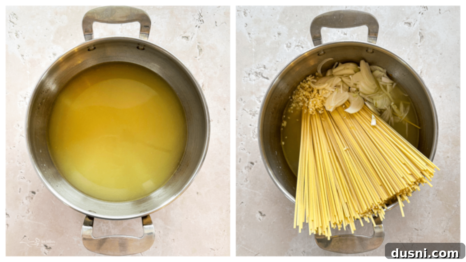 A large pot on the stove, showing linguine pasta, various vegetables, and liquid broth being combined.
