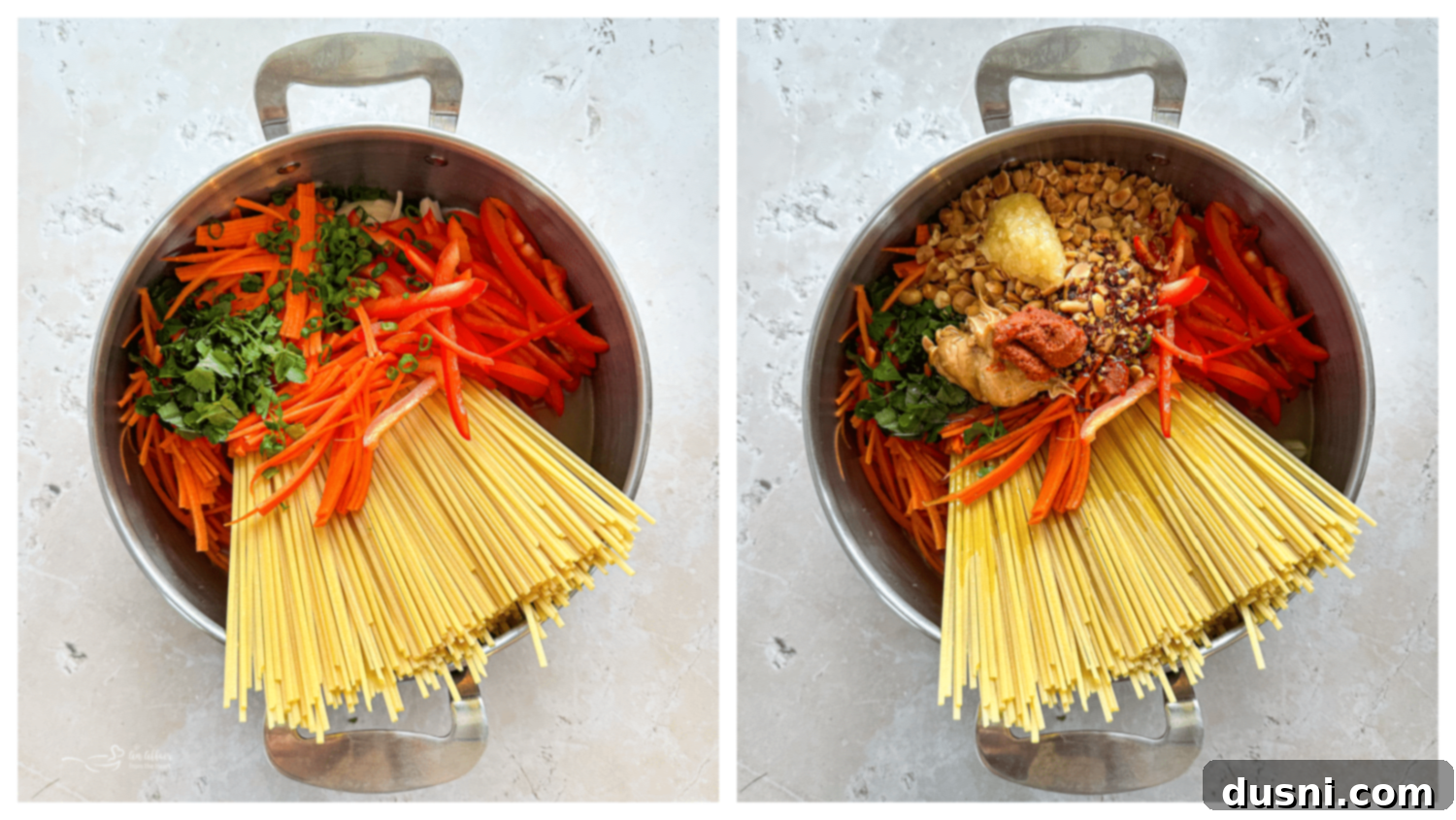 Ingredients for Pad Thai sauce being added to the pot with noodles and vegetables.