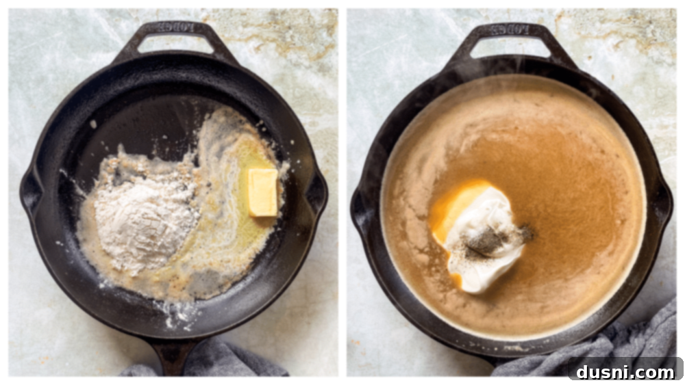 A pan with creamy Swedish meatball sauce being whisked, showing its smooth and rich texture