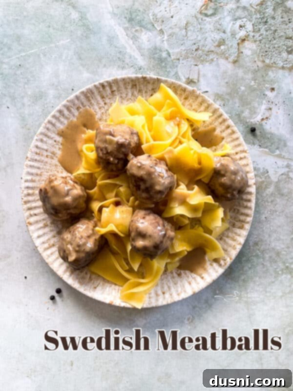 A beautifully presented plate of Swedish meatballs and creamy gravy with egg noodles