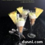 Side view of Pina Colada Cheesecake Shooters with text "Pina Colada Cheesecake Shooters"