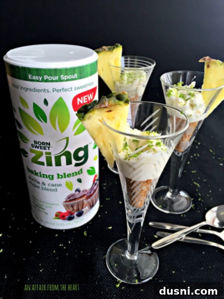 Close-up of Pina Colada Cheesecake Shooters with Zing logo
