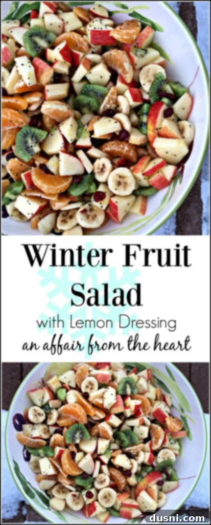 Pinterest graphic: 'Winter Fruit Salad with Lemon Dressing' with a picture of the colorful fruit salad.