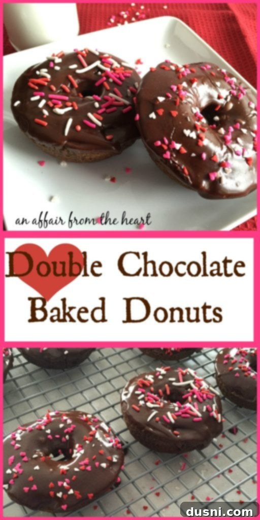 A large platter of Double Chocolate Baked Donuts decorated with a variety of sprinkles, ready to be served