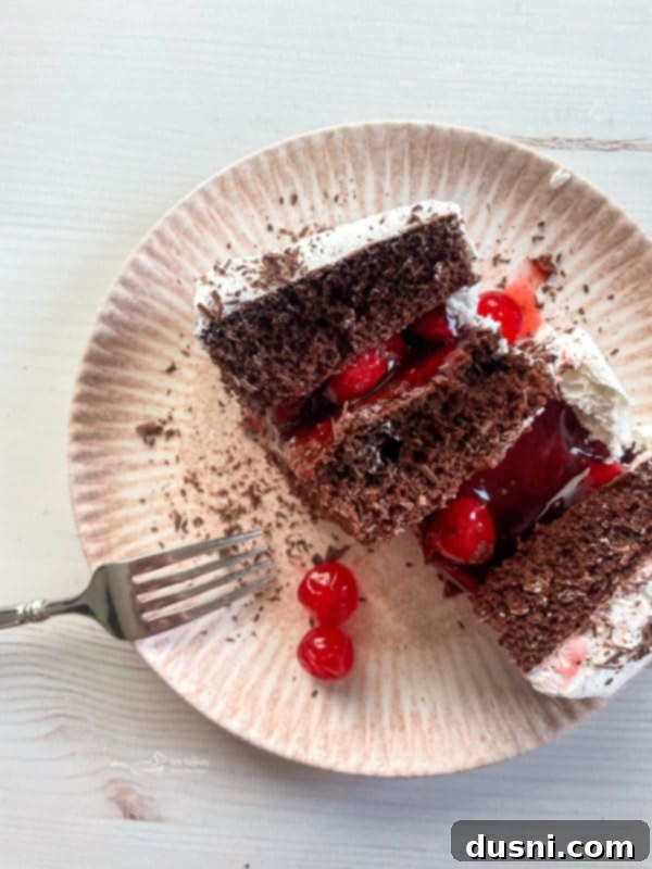 Black Forest Cake Recipe one slice of black forest cake on plate with fork