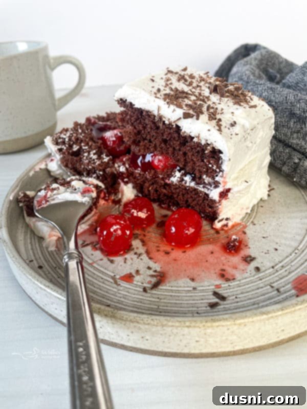 Black Forest Cake with Cool Whip one slice of black forest cake on plate with Cool Whip and cherries
