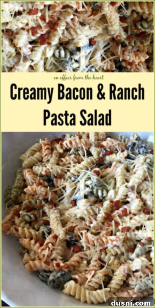 Creamy Ranch Pasta Salad with Bacon 6 Overhead view of a large serving bowl filled with Creamy Bacon & Ranch Pasta Salad, ready for a gathering