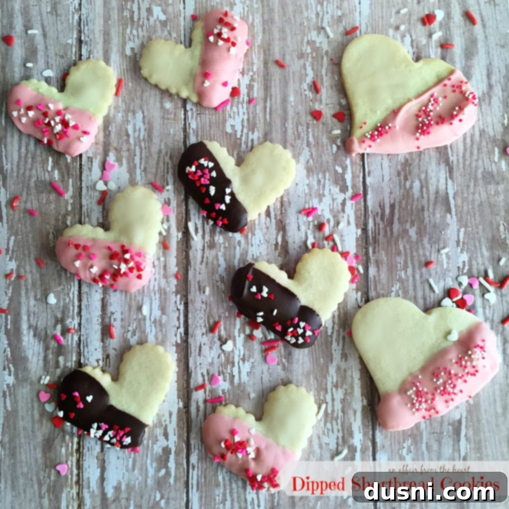 Dipped Shortbread Delights 2 Valentine Dipped Shortbread Cookies, heart-shaped and decorated for the holiday