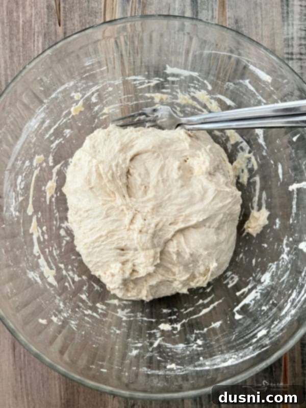 Rustic Farmhouse Loaf 3 Rustic peasant bread dough being gently pushed down and scraped with forks in a bowl after its first rise, prior to dividing.