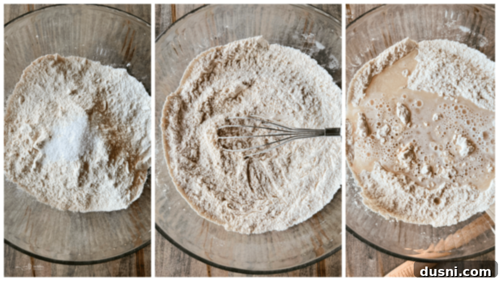 Simple Peasant Bread A hand mixing flour, salt, and the activated yeast mixture in a large bowl with a fork to form peasant bread dough.