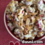 Overhead of White Chocolate Covered Snack Mix in a Valentine's Day bowl