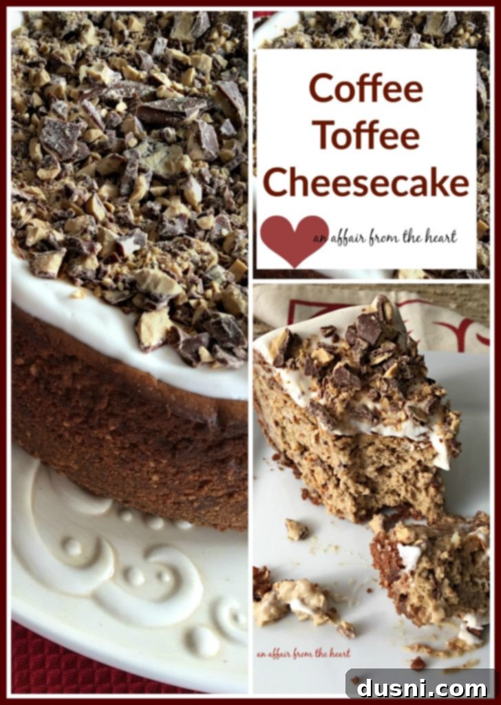 A whole Coffee Toffee Cheesecake on a decorative stand, garnished with crushed toffee
