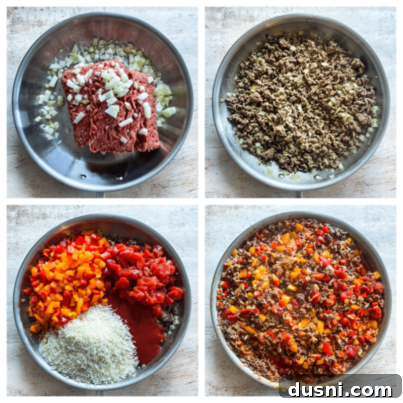 One-Pan Stuffed Peppers 6 Step-by-step image of browning ground beef for Stuffed Pepper Skillet