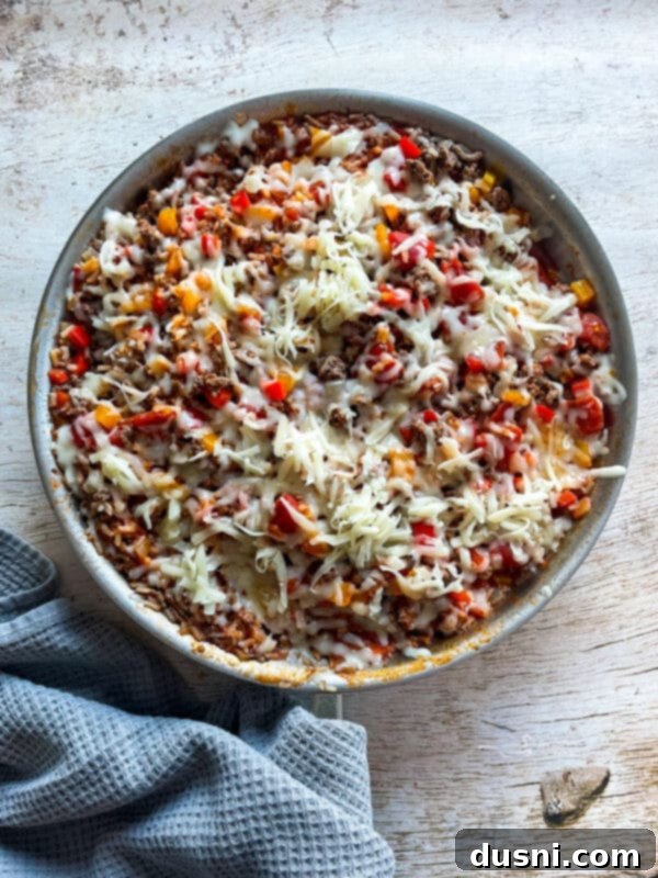 One-Pan Stuffed Peppers 8 Stuffed Pepper Skillet with melted mozzarella cheese