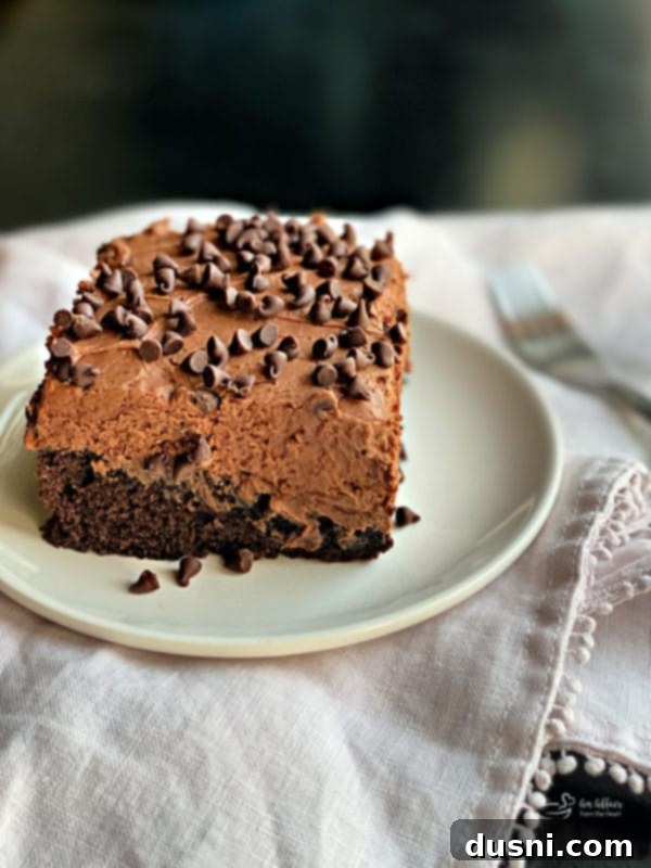 Close-up of fluffy sour cream chocolate frosting on chocolate banana cake