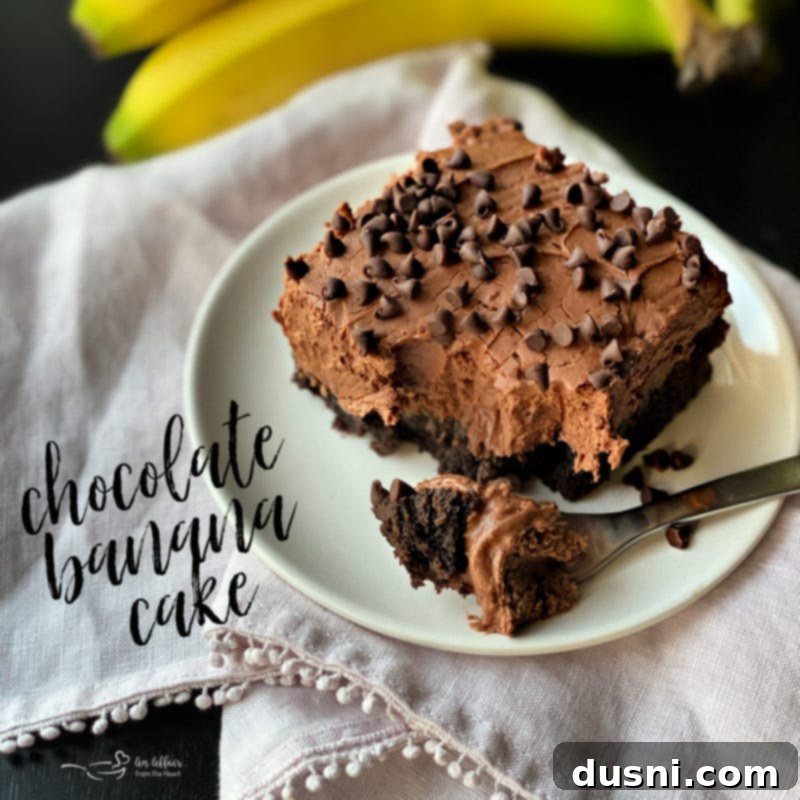 Rich chocolate banana cake with sour cream frosting and fresh banana slices