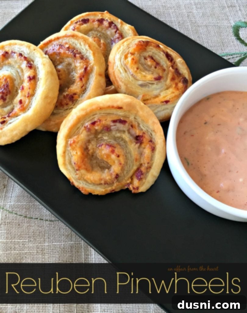 Reuben Pinwheels, golden and flaky, served with homemade Thousand Island dressing