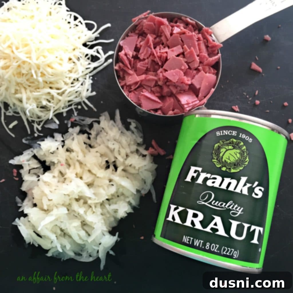 Ingredients for Reuben Pinwheels, including Frank's Kraut