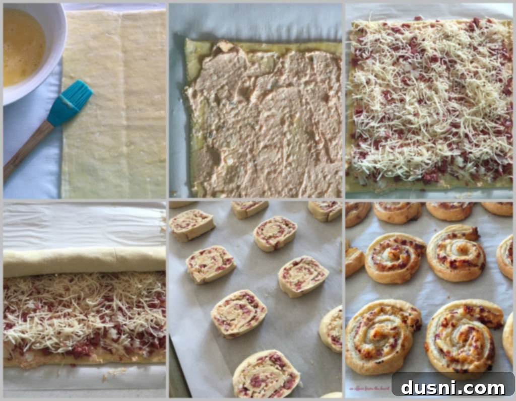 Step-by-step assembly of Reuben Pinwheels with puff pastry and fillings