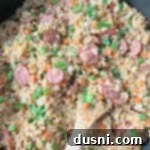 Hearty Kielbasa Fried Rice 17 Overhead of Kielbasa Fried Rice in a pan
