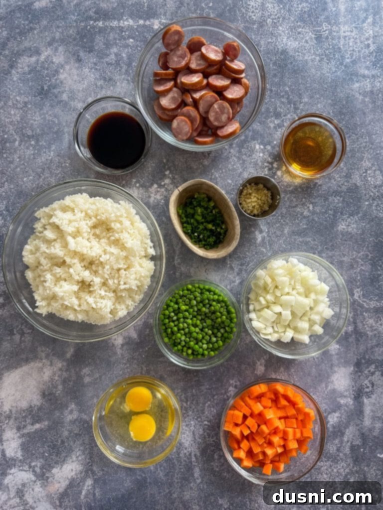 Hearty Kielbasa Fried Rice 4 Overhead view of a portion of Kielbasa Fried Rice, ready to be served