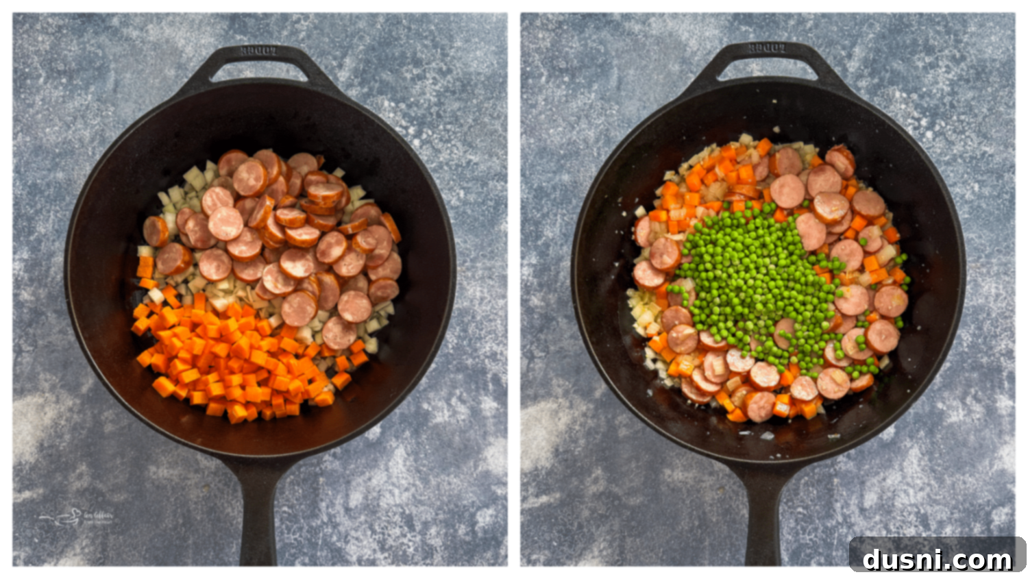 Hearty Kielbasa Fried Rice 6 Step 1: Sautéing sliced kielbasa, onion, garlic, and carrots in sesame oil