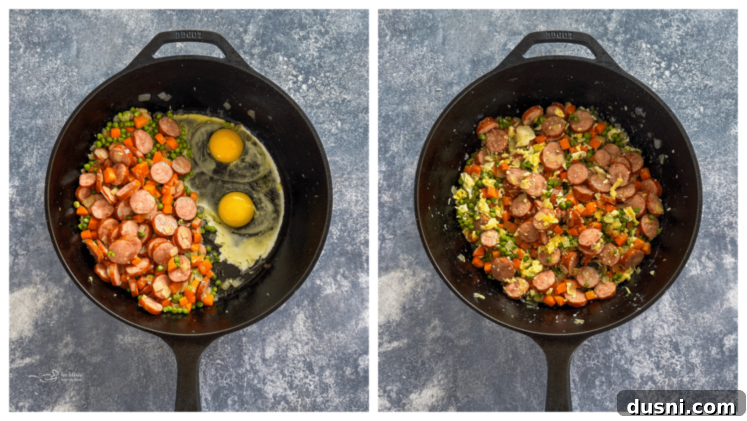 Hearty Kielbasa Fried Rice 7 Step 2: Scrambling eggs in one half of the skillet while the kielbasa and vegetables cook on the other side