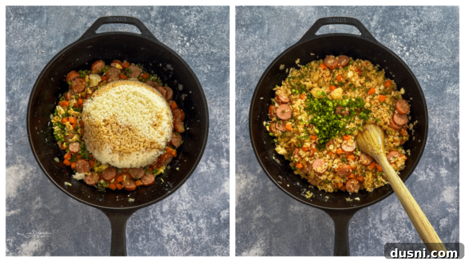 Hearty Kielbasa Fried Rice 8 Step 3: Combining scrambled eggs with the kielbasa and vegetables in the skillet