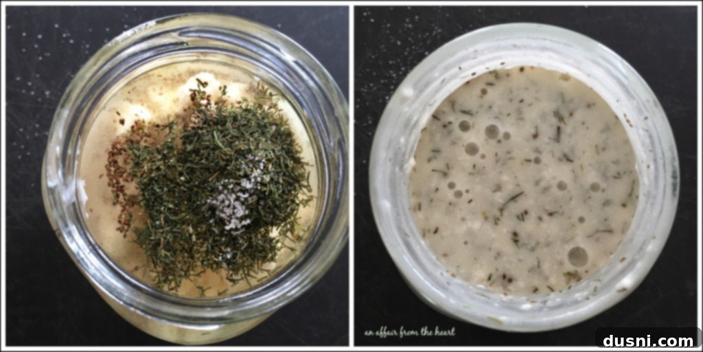Homemade creamy broccoli slaw dressing in a glass jar