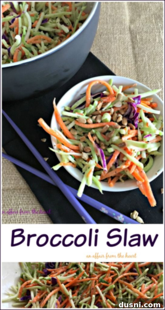 Broccoli Slaw with dressing and sunflower seeds ready to serve