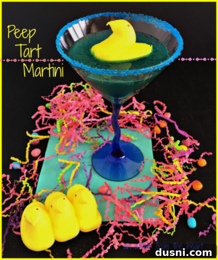 A Peep Tart Martini ready to be enjoyed, showing the floating Peep