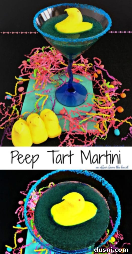 Peep Tart Martini – A delightful blue cocktail adorned with a Peep chick, perfect for spring festivities.