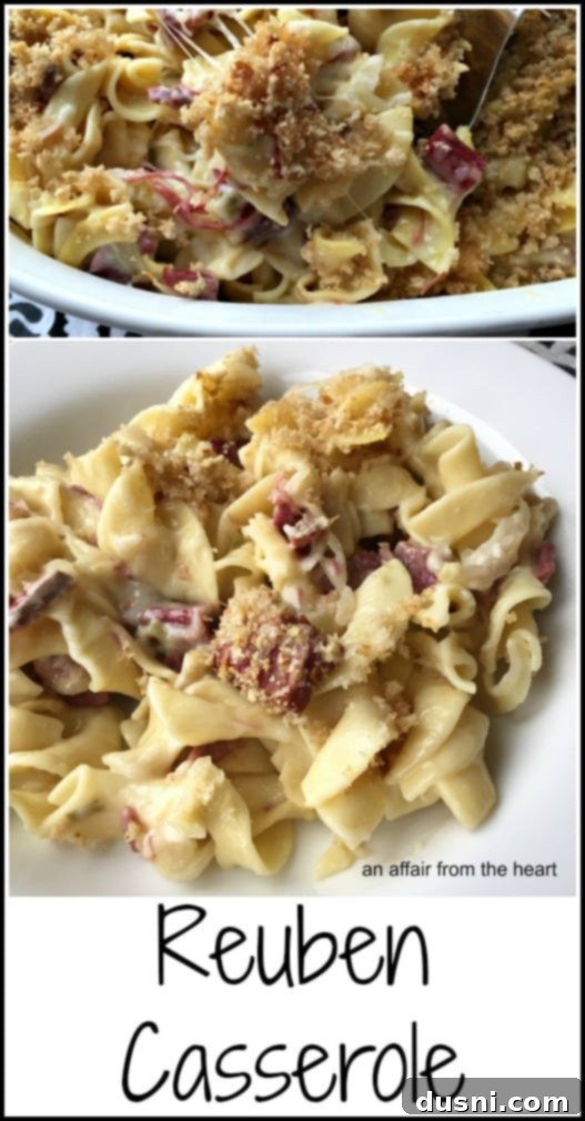 Full view of the baked Reuben Casserole, showcasing its rich, golden-brown crust and creamy interior, from An Affair from the Heart blog